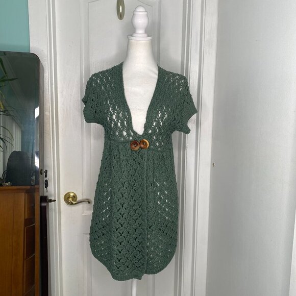 Free People Green Open Knit Crochet 2 Button Top, Size XS #343 - Picture 3 of 11
